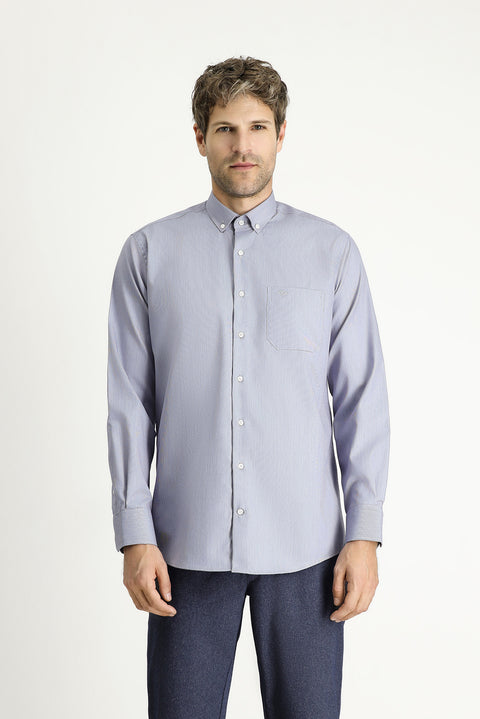 Dark Blue Long Sleeve Regular Fit Patterned Sporty Cotton Button-Down Collar Shirt
