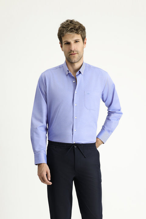Blue Long Sleeve Regular Fit Patterned Sporty Cotton Button-Down Collar Shirt