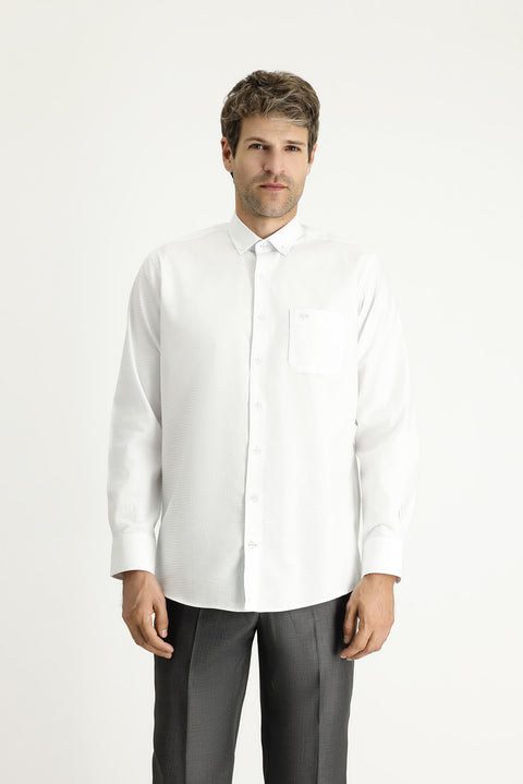 White Long Sleeve Regular Fit Patterned Sporty Cotton Button-Down Collar Shirt