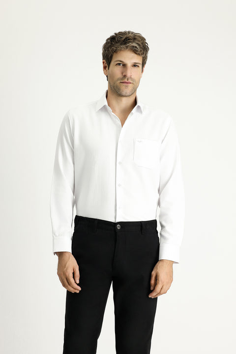 White Long-Sleeve Classic Patterned Cotton Shirt, Easy-Iron