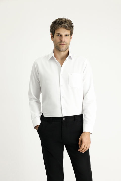 White Long-Sleeve Classic Patterned Cotton Shirt, Easy-Iron