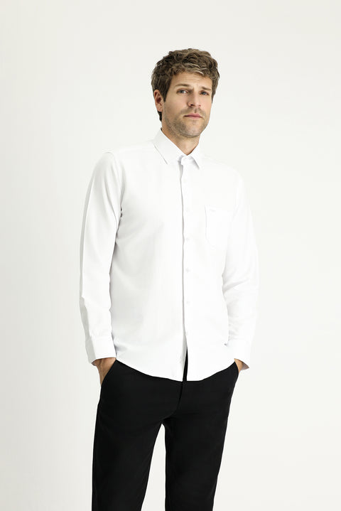 White Long-Sleeve Classic Patterned Cotton Shirt, Easy-Iron