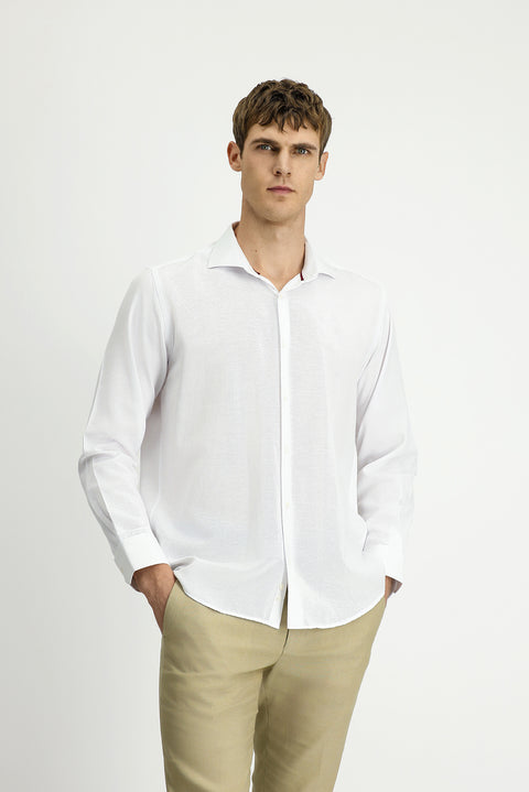 White Long-Sleeve Classic Patterned Cotton Easy-Iron Shirt