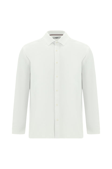 White Long-Sleeve Classic Patterned Cotton Easy-Iron Shirt