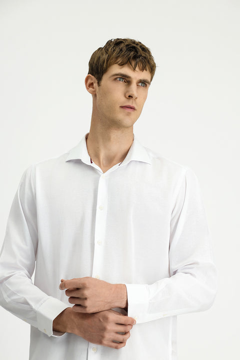 White Long-Sleeve Classic Patterned Cotton Easy-Iron Shirt