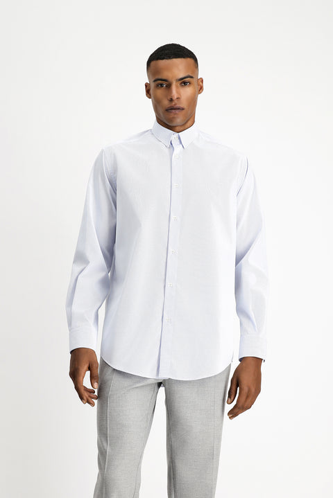 Light Blue Long Sleeve Classic Non-Iron Patterned Cotton Button-Down Shirt
