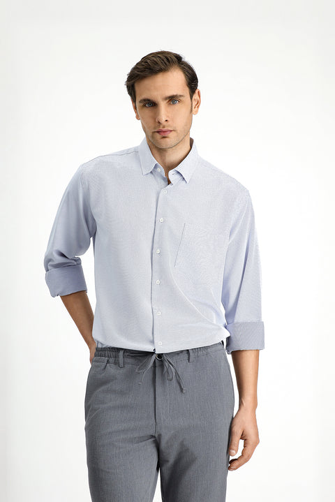 Light Navy Long Sleeve Classic Patterned Cotton Easy-Iron Shirt