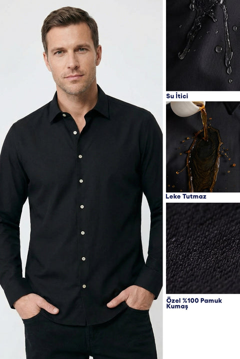 Black Long Sleeve Classic Nano Care Water Repellent Stain Resistant 4 Seasons Cotton Shirt
