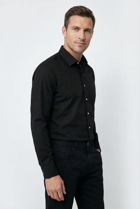 Black Long Sleeve Classic Nano Care Water Repellent Stain Resistant 4 Seasons Cotton Shirt