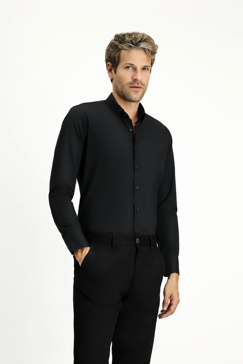 Black Long Sleeve Slim Fit Narrow Cut Cotton Classic Shirt