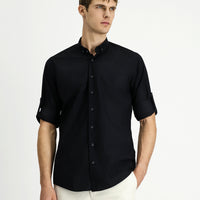 Black Long Sleeve Regular Fit Button-Down Collar Cotton Shirt