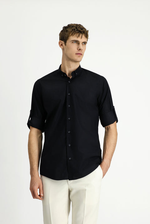 Black Long Sleeve Regular Fit Button-Down Collar Cotton Shirt
