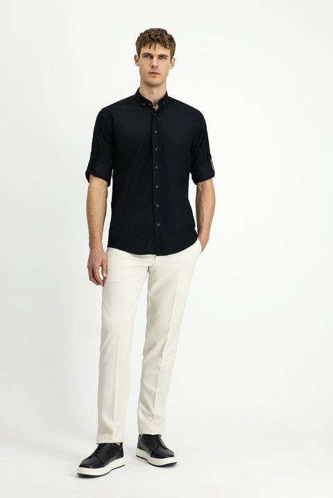 Black Long Sleeve Regular Fit Button-Down Collar Cotton Shirt