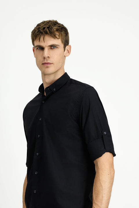 Black Long Sleeve Regular Fit Button-Down Collar Cotton Shirt