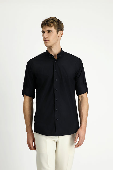 Black Long Sleeve Regular Fit Button-Down Collar Cotton Shirt