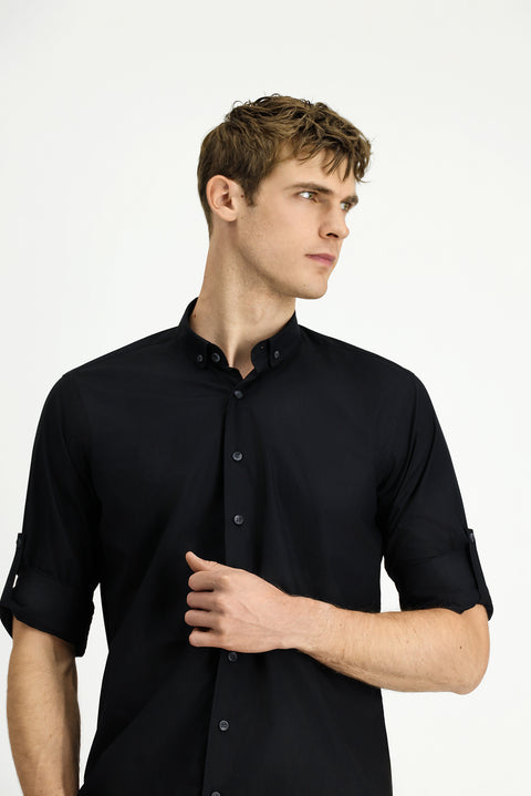 Black Long Sleeve Regular Fit Button-Down Collar Cotton Shirt