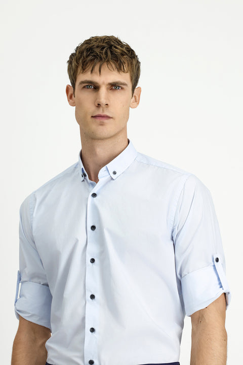 Light Blue Long Sleeve Regular Fit Button-Down Collar Cotton Shirt