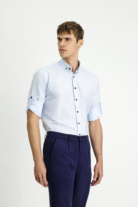 Light Blue Long Sleeve Regular Fit Button-Down Collar Cotton Shirt