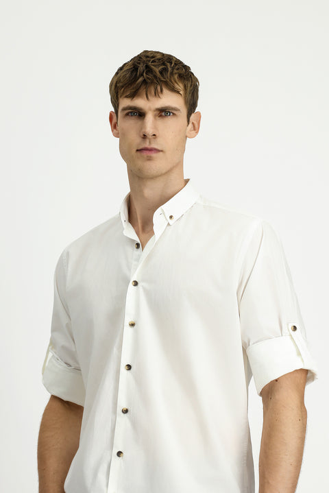 White Long Sleeve Regular Fit Button-Down Collar Cotton Shirt
