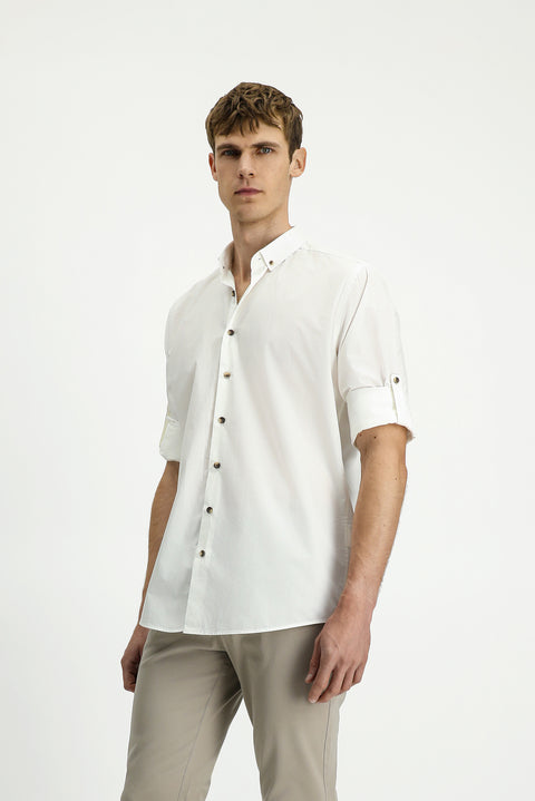 White Long Sleeve Regular Fit Button-Down Collar Cotton Shirt