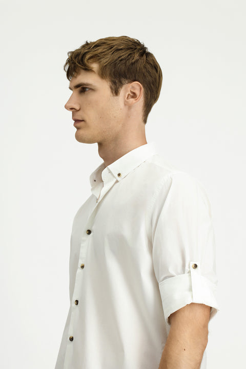 White Long Sleeve Regular Fit Button-Down Collar Cotton Shirt