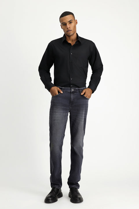 Black Long Sleeve Non-Iron Satin Classic Pocketed Cotton Shirt