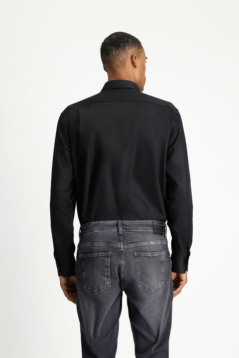 Black Long Sleeve Non-Iron Satin Classic Pocketed Cotton Shirt