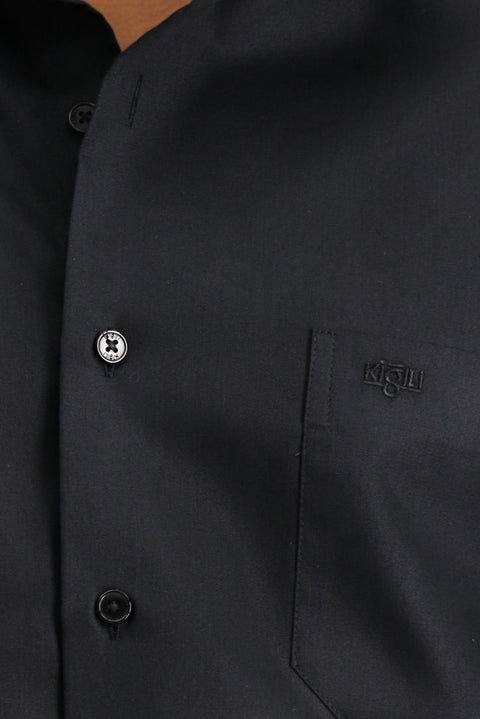 Black Long Sleeve Non-Iron Satin Classic Pocketed Cotton Shirt