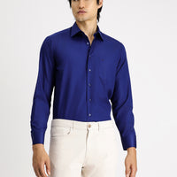 Medium Navy Long Sleeve Non-Iron Satin Classic Cotton Shirt with Pockets