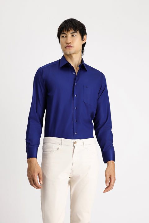 Medium Navy Long Sleeve Non-Iron Satin Classic Cotton Shirt with Pockets