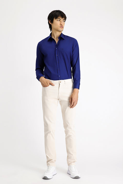 Medium Navy Long Sleeve Non-Iron Satin Classic Cotton Shirt with Pockets