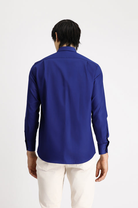 Medium Navy Long Sleeve Non-Iron Satin Classic Cotton Shirt with Pockets