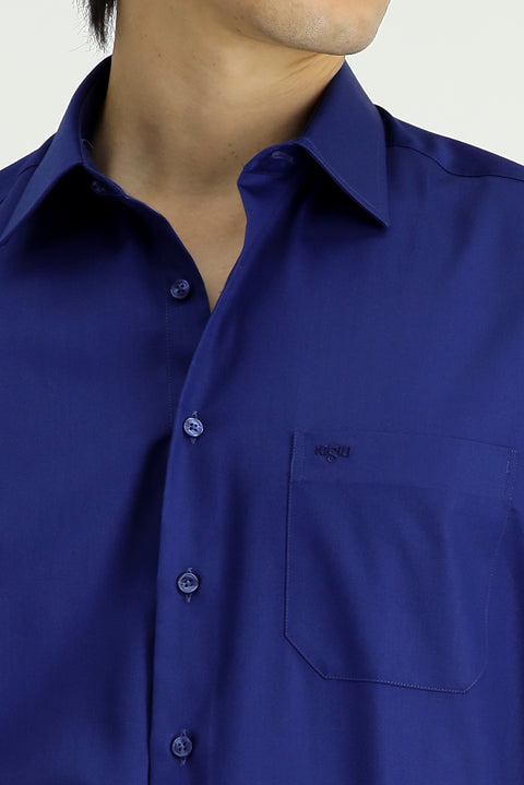 Medium Navy Long Sleeve Non-Iron Satin Classic Cotton Shirt with Pockets