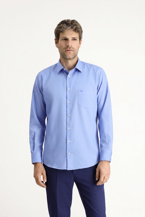 Aqua Blue Long Sleeve Non-Iron Satin Classic Pocketed Cotton Shirt