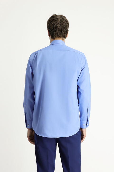 Aqua Blue Long Sleeve Non-Iron Satin Classic Pocketed Cotton Shirt