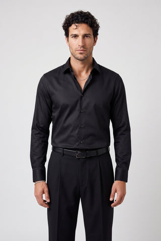  Siyah Uzun Kol Non Iron Ütü Gerektirmeyen Saten Regular Fit Klasik Pamuklu Gömlek