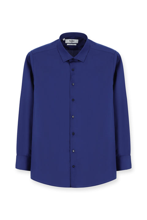 Medium Navy Long Sleeve Non-Iron Satin Classic Cotton Shirt