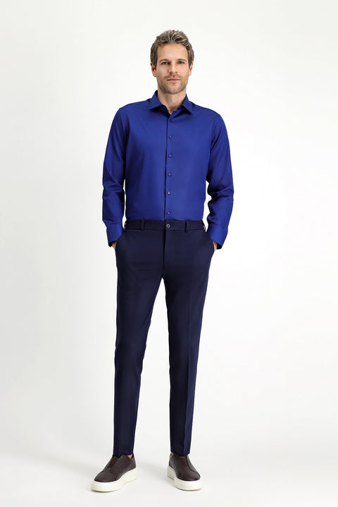 Medium Navy Long Sleeve Non-Iron Satin Classic Cotton Shirt