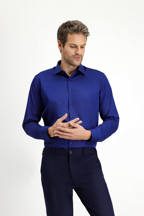 Medium Navy Long Sleeve Non-Iron Satin Classic Cotton Shirt