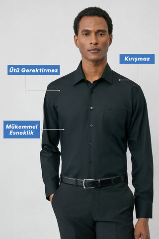  Siyah Uzun Kol Regular Fit Klasik Yaka Cepli Pamuklu Non Iron Ütü Gerektirmeyen Gömlek