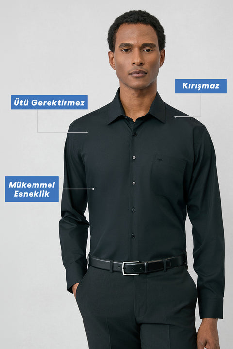 Black Long Sleeve Regular Fit Classic Collar Pocketed Cotton Non-Iron Shirt