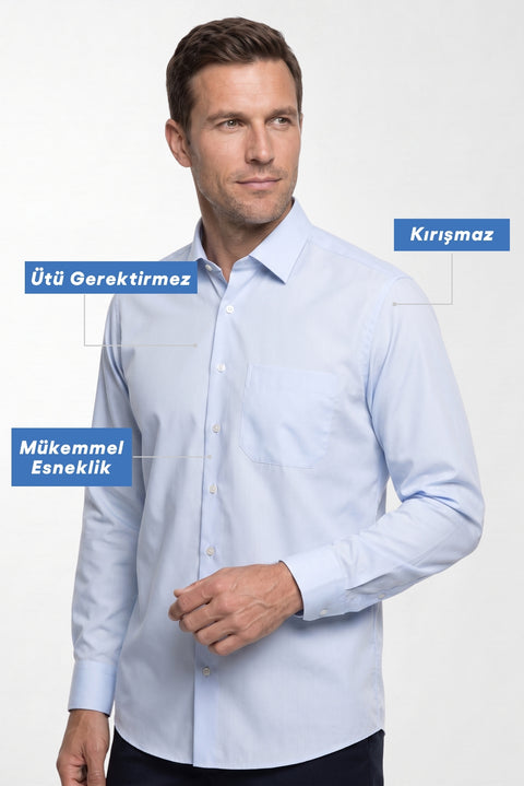 Uçuk Mavi Uzun Kol Regular Fit Klasik Yaka Cepli Pamuklu Non Iron Ütü Gerektirmeyen Gömlek