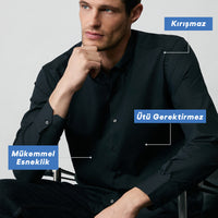 Siyah Uzun Kol Regular Fit Düğmeli Yaka Pamuklu Non Iron Ütü Gerektirmeyen Gömlek