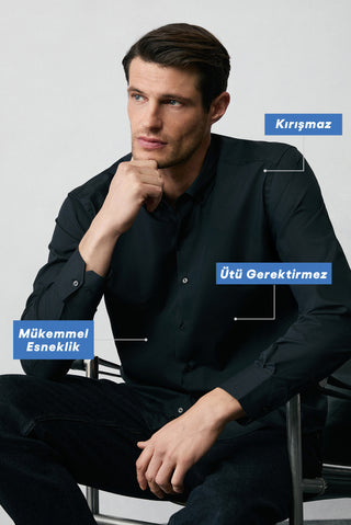  Siyah Uzun Kol Regular Fit Düğmeli Yaka Pamuklu Non Iron Ütü Gerektirmeyen Gömlek
