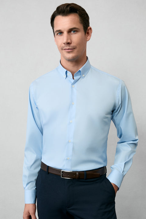 Uçuk Mavi Uzun Kol Regular Fit Düğmeli Yaka Pamuklu Non Iron Ütü Gerektirmeyen Gömlek