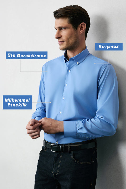 Aqua Mavisi Uzun Kol Regular Fit Düğmeli Yaka Pamuklu Non Iron Ütü Gerektirmeyen Gömlek