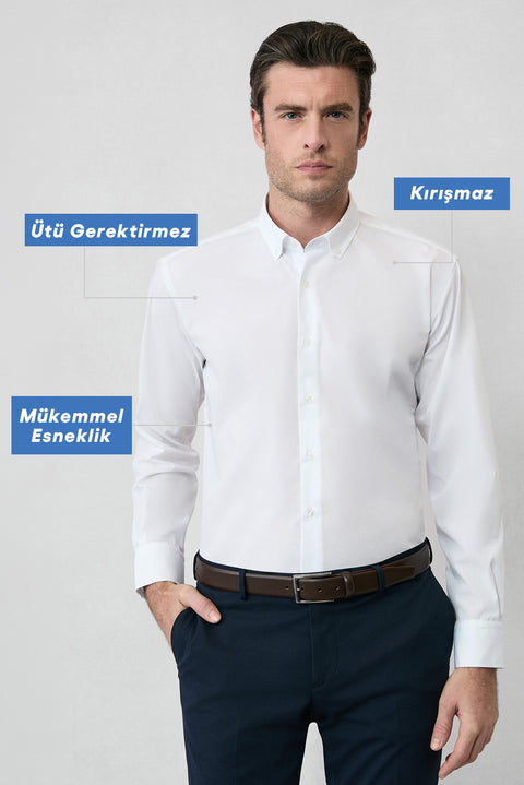 White Long Sleeve Regular Fit Button-Down Collar Cotton Non-Iron Shirt