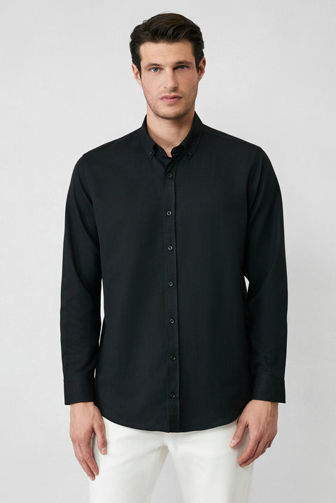 Black Long Sleeve Regular Fit Button-Down Collar Cotton Easy-Iron Oxford Four Seasons Shirt