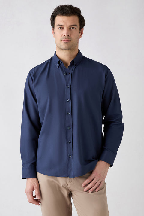 Dark Navy Long Sleeve Regular Fit Button-Down Collar Cotton Easy-Iron Oxford Four Season Shirt