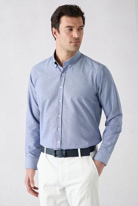 Dark Blue Long Sleeve Regular Fit Button-Down Collar Cotton Easy-Iron Oxford Four Season Shirt